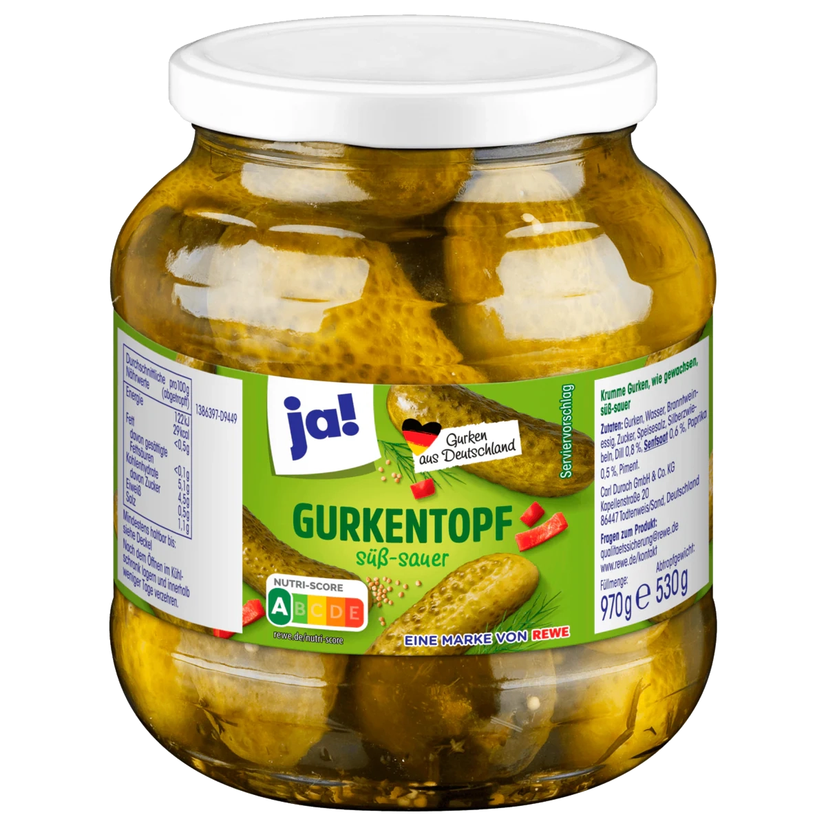 Gherkin pot, sweet-sour, 530 g